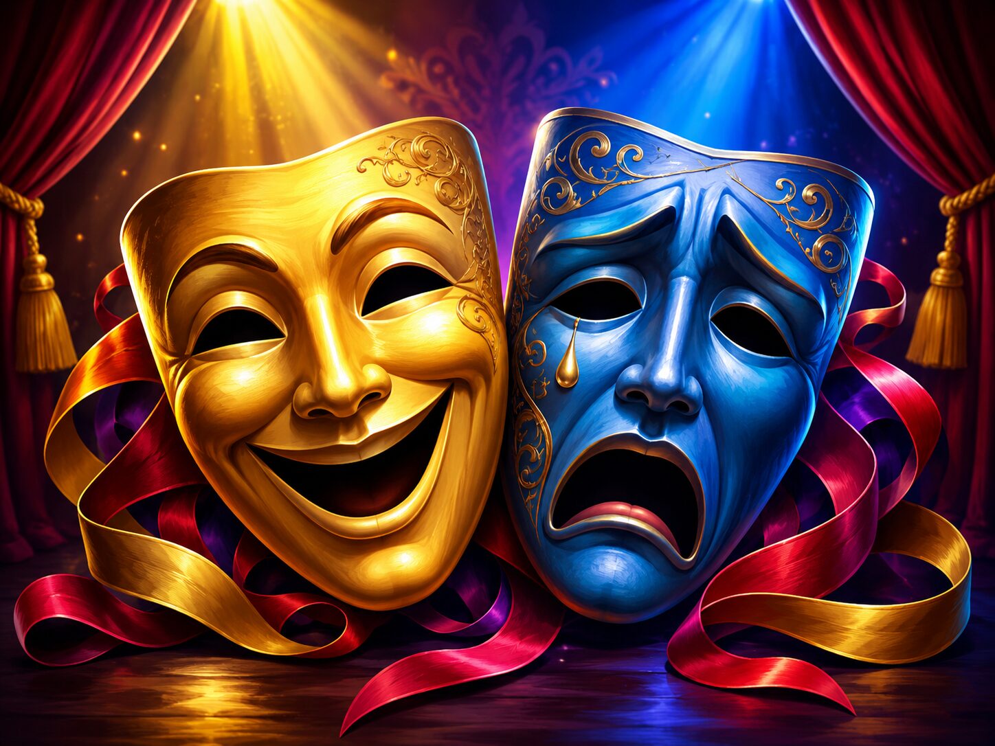 Gold comedy mask and blue tragedy mask with gold detailing on a theater stage, surrounded by red ribbons.
