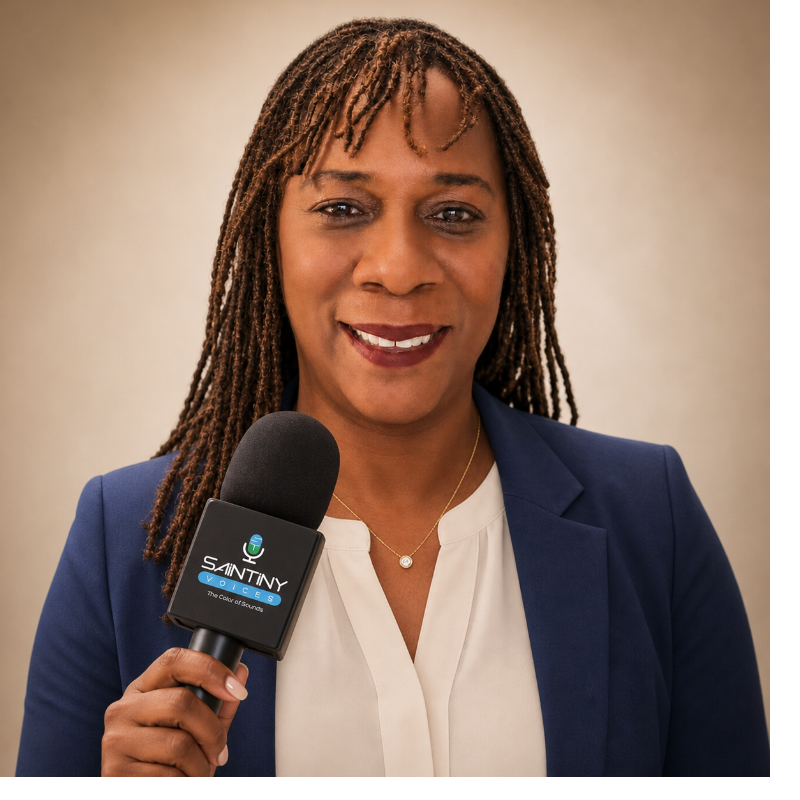 Smiling woman in a blue blazer holds a handheld microphone, ready for an interview.